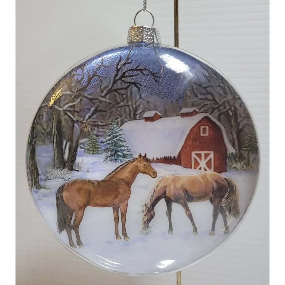 Roman Inc Christmas Ornament Winter Scene‎ Horses Barn Silver Disc 2011 NEW RARE